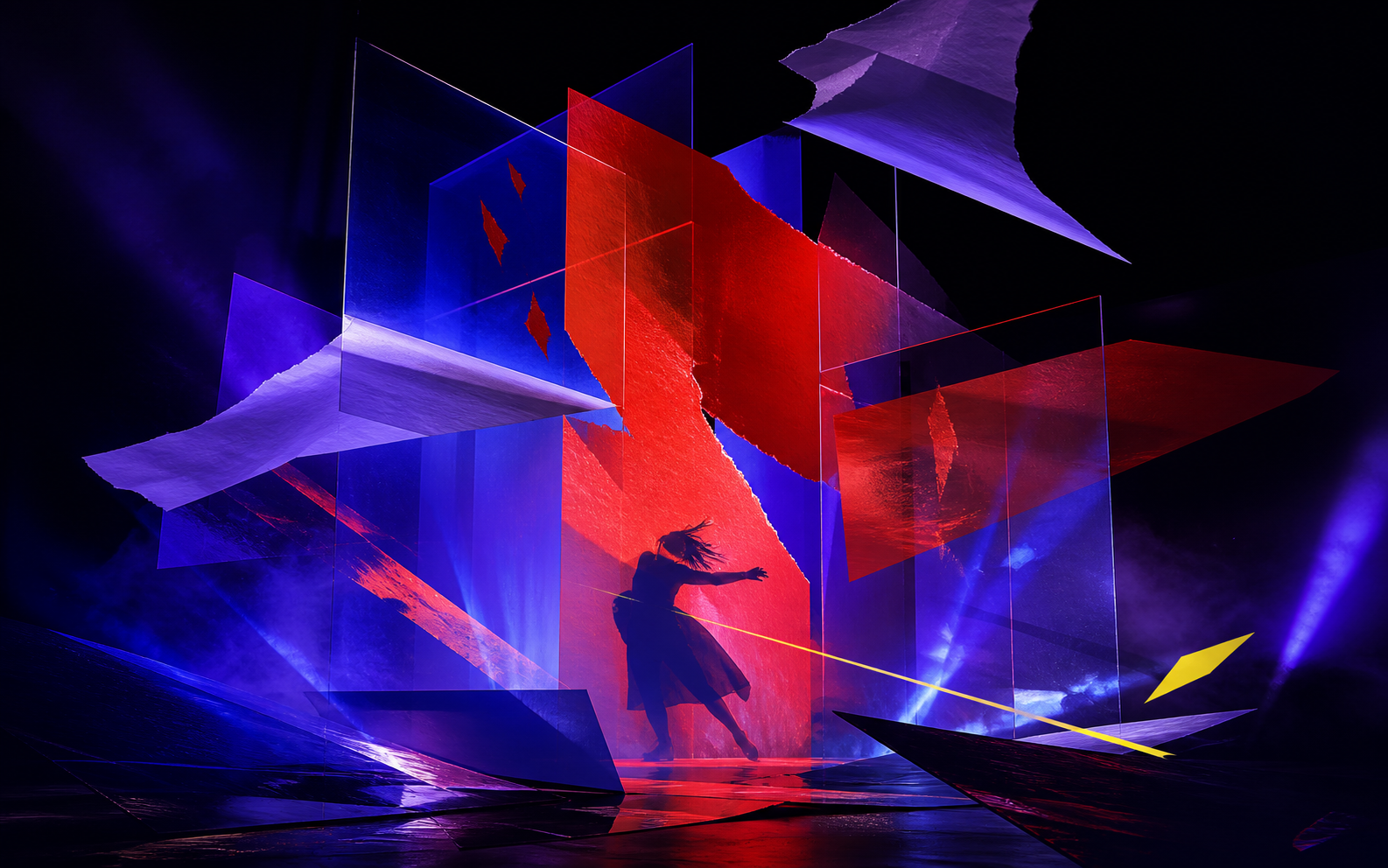Layered translucent planes and a performer in a contemporary arts installation