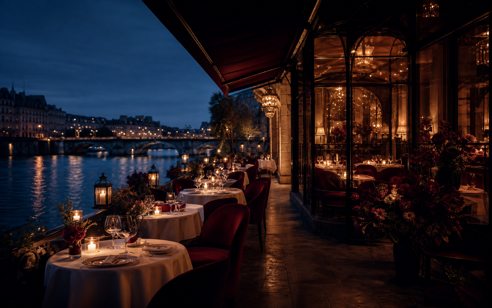A candlelit French restaurant terrace overlooking a river at blue hour